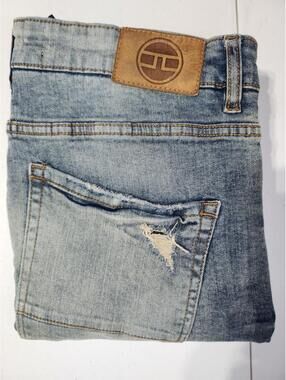 Slim Tapered Light Wash Blue Denim Jeans Button Zip Distressed 5-Pocket Men